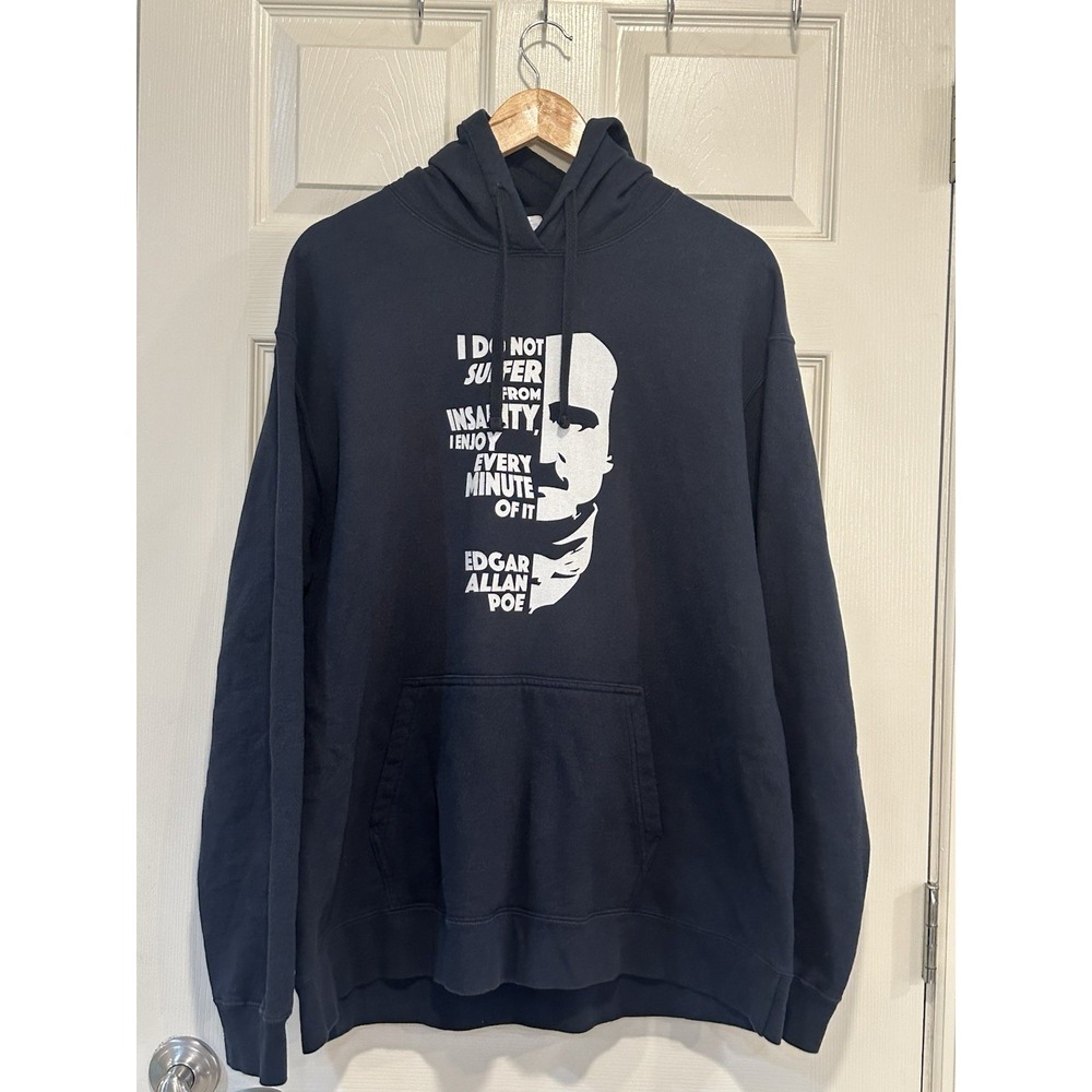 Port & Company Edgar Allan Poe Insanity Quote Graphic Hoodie Navy Blue XL
